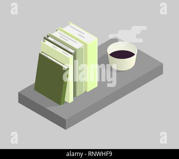 Le vecteur illustration de livres et d'une tasse de café. Illustration isométrique. Illustration de Vecteur