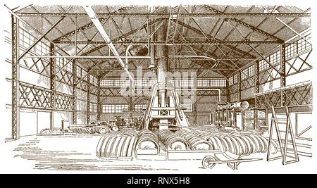 Vue intérieure d'une forge historique d'une usine de fabrication (après une gravure ou une gravure du xixe siècle) Illustration de Vecteur