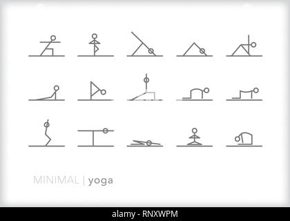 Ensemble de 15 icônes de ligne de yoga de figures bâton faisant du yoga pose pour les étirements, relaxation, médicaments, santé et remise en forme Illustration de Vecteur