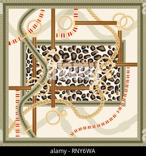 Modèle avec la chaîne d'or, ceintures et Leopard Print pour le motif du tissu. Vector Illustration. Foulard soie Design. Illustration de Vecteur