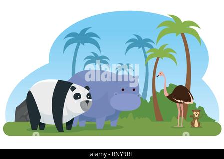 Autruche avec panda et hippopotames animaux sauvages vector illustration Illustration de Vecteur