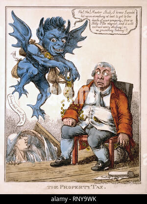 Caricature montre une prospère John Bull assis sur une chaise comme un démon bleu plane au-dessus de lui à l'aide d'un aimant pour retirer les pièces de la poche de gilet de Bull. Le fantôme de William Pitt s'élève du plancher en disant 'Johnny n'oublierai jamais.' Banque D'Images