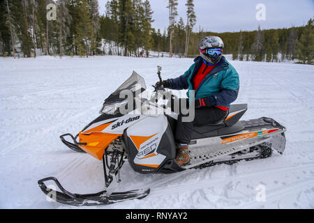 La motoneige l'homme portant un casque et lunettes sur piste forestière à Grand Lake, Colorado Banque D'Images