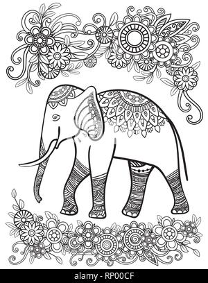 Éléphant ethniques art ligne vector illustration. Motif oriental avec des fleurs et des mandalas. Hand drawn vector illustration. Coloriages à colorier pour les adultes. Illustration de Vecteur