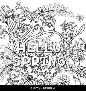 Bonjour printemps coloriage avec de belles fleurs. Vector illustration noir et blanc. Modèle de carte de vœux. Isolé sur fond blanc Illustration de Vecteur