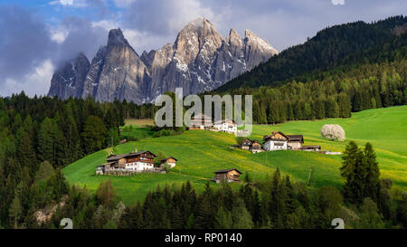 Beau paysage dans les Alpes. Santa Maddalena, Val Di Funes, Dolomites, Italie. Pré Vert.