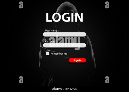 Formulaire de connexion et hacker avec verrouillage sur fond sombre. Concept de cyber-attaque et de sécurité Banque D'Images