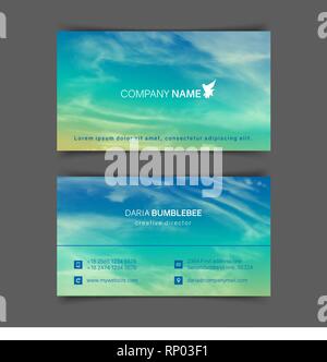 Horizontal recto-verso des cartes d'affaires avec turquoise réaliste-ciel jaune et spindrift nuages. L'image peut être utilisée pour concevoir une carte de visite. Illustration de Vecteur