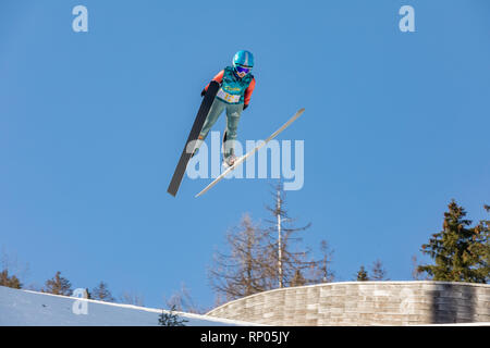 Planica, en Slovénie - 17 février 2019. Les jeunes cavaliers de saut sur un Planica belle journée ensoleillée. Centre nordique de Planica, complexe de collines de saut à ski. Banque D'Images