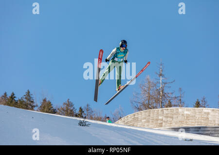 Planica, en Slovénie - 17 février 2019. Les jeunes cavaliers de saut sur un Planica belle journée ensoleillée. Centre nordique de Planica, complexe de collines de saut à ski. Banque D'Images