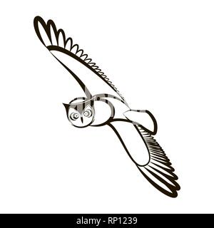 Flying owl avec ailes ouvertes. Plumage noir et blanc. Hand drawn vector illustration. Owl abstraite avec des plumes. Pour la conception de t-shirt, sac, tatouage, c Illustration de Vecteur