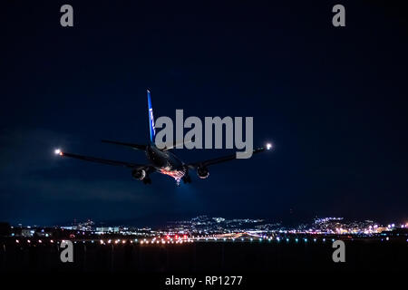 OSAKA, JAPON - JAN. 3, 2019 : ANA Boeing 767-300ER L'atterrissage à l'Aéroport International d'Itami à Osaka au Japon dans la nuit. Banque D'Images