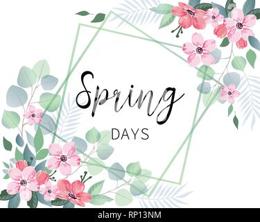 Vente de printemps avec bannière fleurs sakura et l'eucalyptus. Illustration de Vecteur
