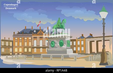 Vue urbaine avec la place d'Amalienborg à Copenhague, Danemark. Landmark International du Danemark. Illustration vecteur de couleur. Illustration de Vecteur