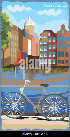 Vue urbaine avec location sur pont sur le canal d'Amsterdam, Pays-Bas. Landmark International des Pays-Bas. Vector illustration colorée isoler Illustration de Vecteur