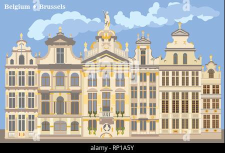 Vue urbaine avec la Grand Place à Bruxelles, Belgique. Monument International de la Belgique. Illustration vecteur de couleur. Illustration de Vecteur