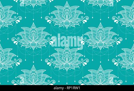 Fleur de Lotus indien motif transparent vecteur Mehndi, tatouage au henné traditionnel, le yoga ou le zen décoration, textile bohème en blanc sur fond bleu turquoise Illustration de Vecteur