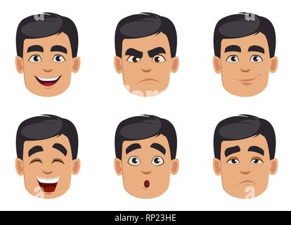 Les expressions du visage de l'homme. Différentes émotions mâles ensemble. Beau personnage. Vector illustration isolé sur fond blanc. Illustration de Vecteur