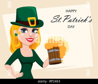Happy Saint Patrick's Day. Drôle de personnage avec chapeau vert. Cute femme en costume de lutin holding beer. Vector illustration Illustration de Vecteur