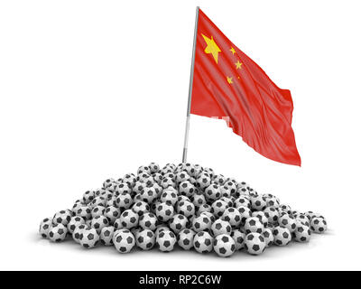 Tas de ballons de soccer et d'un drapeau. Image avec clipping path Banque D'Images