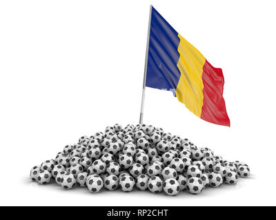 Tas de ballons de soccer et d'un drapeau. Image avec clipping path Banque D'Images