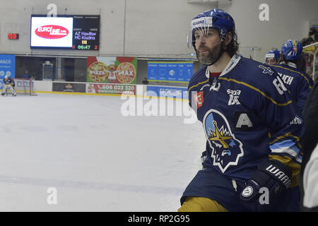 Ex-joueur de la LNH Jaromir Jagr de Kladno est perçu au cours de la Première Ligue de hockey tchèque Havirov - match Kladno, en République tchèque, Havirov, lundi 18 février, 2019. 47-ans player est revenu sur la glace après un an et un jour il ne pouvait pas jouer en raison de sa blessure. (Photo/CTK Jaroslav Ozana) Banque D'Images