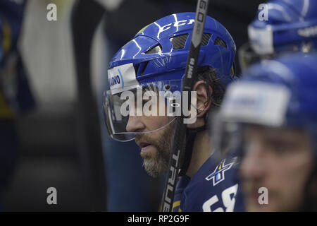 Ex-joueur de la LNH Jaromir Jagr de Kladno est perçu au cours de la Première Ligue de hockey tchèque Havirov - match Kladno, en République tchèque, Havirov, lundi 18 février, 2019. 47-ans player est revenu sur la glace après un an et un jour il ne pouvait pas jouer en raison de sa blessure. (Photo/CTK Jaroslav Ozana) Banque D'Images