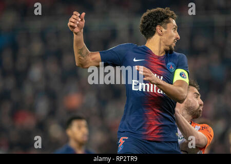 PARIS, SI - 20.02.2019 : PSG X MONTPELLIER - Marquinhos ne PSG pendant le match entre le PSG x Montpellier qui a eu lieu au Parc des Princes à Paris. La comparaison n'est valable que pour le championnat français. (Photo : Richard Callis/Fotoarena) Banque D'Images