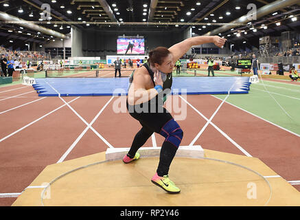 Dusseldorf, Allemagne. Feb 20, 2019. Christina Schwanitz d'Allemagne fait concurrence au cours du lancer du poids de la finale Championnats du Monde en Salle 2019 Tour à Düsseldorf, Allemagne, le 20 février, 2019. Crédit : Yang Lu/Xinhua/Alamy Live News Banque D'Images