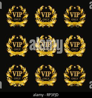 Ensemble de monogrammes gold vip pour la conception graphique sur fond noir. Illustration de Vecteur