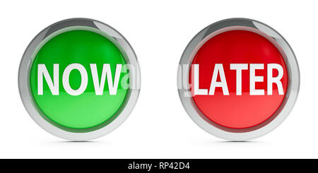 Boutons Web maintenant et plus tard, isolé sur fond blanc, le rendu en trois dimensions, 3D illustration Banque D'Images