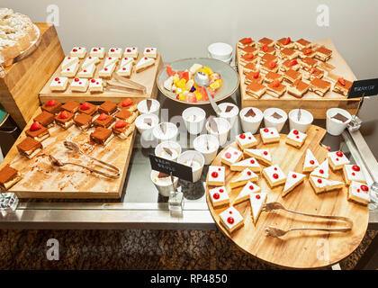 Variété de délicieux dessert parti organisé - alimentaire avec un buffet de gâteaux krem brule, tiramisu, gâteau au fromage et salade de fruits Banque D'Images