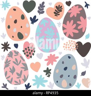 Ensemble d'éléments de conception de Pâques. Des œufs, des fleurs, des branches de saules, des coeurs, des modèles. Parfait pour les décorations de Noël et cartes de vœux de printemps Illustration de Vecteur
