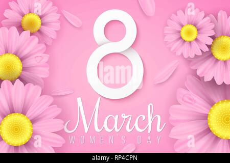 La Journée internationale de la femme. Fleurs daisy réaliste rose. Invitation carte de vœux. Numéro 8 papier avec texte. Composition romantique. Bannière web de fête. Illustration de Vecteur