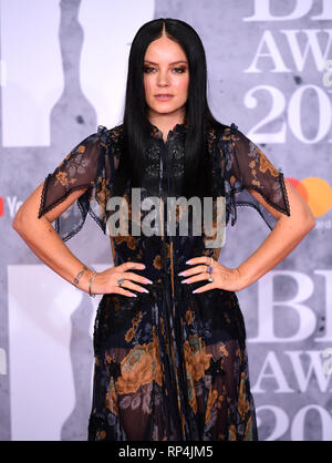 Lily Allen participant à la Brit Awards 2019 à l'O2 Arena, Londres. Banque D'Images