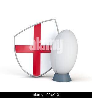 Bouclier rugby Angleterre icône drapeau avec ballon de rugby. 3D Render Banque D'Images