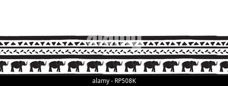 Vector frontière perméable avec bandes dessinés à la main, des éléphants et des triangles . Rayures noir dessiné à la main et des triangles. Illustration de Vecteur