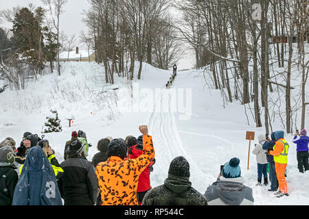 Grand Marais, Michigan - Les spectateurs applaudir comme Ryan Anderson entre dans Grand Marais, la mi-parcours de l'UP 200, un rapport de 238 milles de course de traîneaux à chiens Banque D'Images