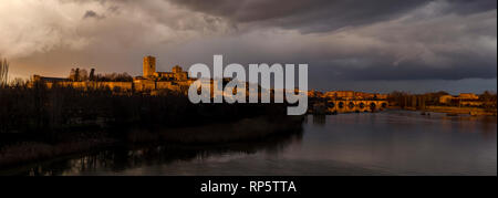 Vista de Zamora con la Catedral el castillo y el puente de piedra Banque D'Images