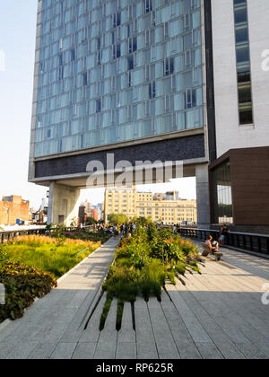 Les gens profitent d'une promenade sur la High Line, un parc surélevé construit sur une ancienne ligne de chemin de fer à New York, avec un bâtiment moderne qui se profile au-dessus. Banque D'Images