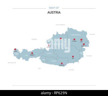 Autriche carte vectorielle. Modèle modifiable avec les régions, les villes, les axes rouge et bleu sur fond blanc de surface. Illustration de Vecteur
