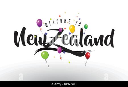 NewZealand Bienvenue sur le texte avec des ballons colorés et étoiles Design Vector Illustration. Illustration de Vecteur