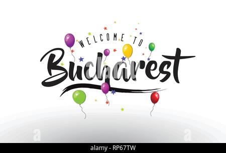 Bienvenue à Bucarest avec texte ballons colorés et étoiles Design Vector Illustration. Illustration de Vecteur