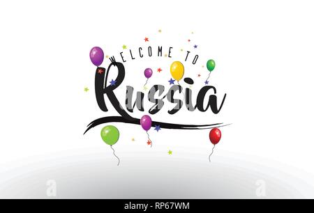 La Russie Bienvenue sur le texte avec des ballons colorés et étoiles Design Vector Illustration. Illustration de Vecteur