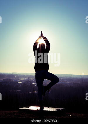 La Silhouette De Femme Libre De Droit De L Execution D Une Arborescence De Yoga Sur Une Plate Forme Avec Les Rayons Du Soleil Et Sun Star Photo Stock Alamy