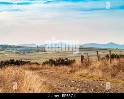 Paysage avec un chemin de terre entre une clôture en fil barbelé dans la nature sur un jour nuageux Banque D'Images