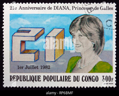 CONGO - VERS 1982 : timbre imprimé dans le Congo Belge montre la Princesse Diana, 21 ans, vers 1982 Banque D'Images