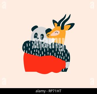 Deux wild animal friends hugging et sourire ensemble. Panda, Gazelle illustration isolées sur fond blanc avec des spécialistes en voie de disparition, l'espace de copie Illustration de Vecteur