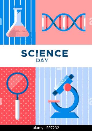 Illustration de l'affiche de la Journée mondiale de la science. Outils scientifiques dans la région de hand drawn grunge style texture pour la recherche concept. Microscope comprend, chimie flask Illustration de Vecteur