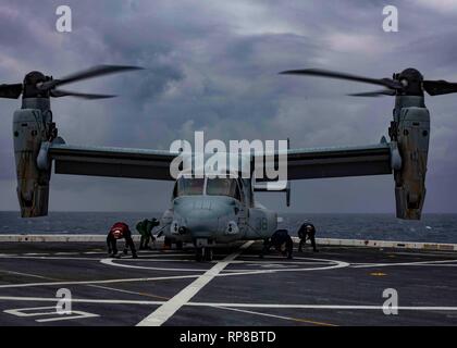 190207-N-HG389-0060 MER MÉDITERRANÉE (fév. 7, 2019) et une cale de marins chaîne MV-22 Osprey affectés à la lutte contre les "Griffons" du milieu marin de l'escadron à rotors basculants (VMM) 266 pour le pont de San Antonio-classe de transport amphibie USS station d'Arlington (LPD 24), 7 février 2019. Arlington est sur un déploiement prévu dans le cadre du groupe amphibie Kearsarge en soutien d'opérations de sécurité maritime, d'intervention en cas de crise et le théâtre de la coopération en matière de sécurité, en offrant également une présence navale de l'avant. (U.S. Photo par marine Spécialiste de la communication de masse 2e classe Brandon Parker/libérés) Banque D'Images